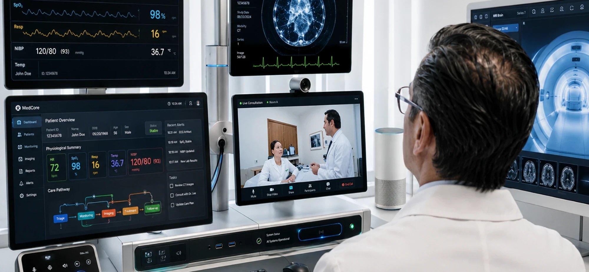 Clinician reviewing patient monitoring data, medical imaging and a live video consultation on connected screens
